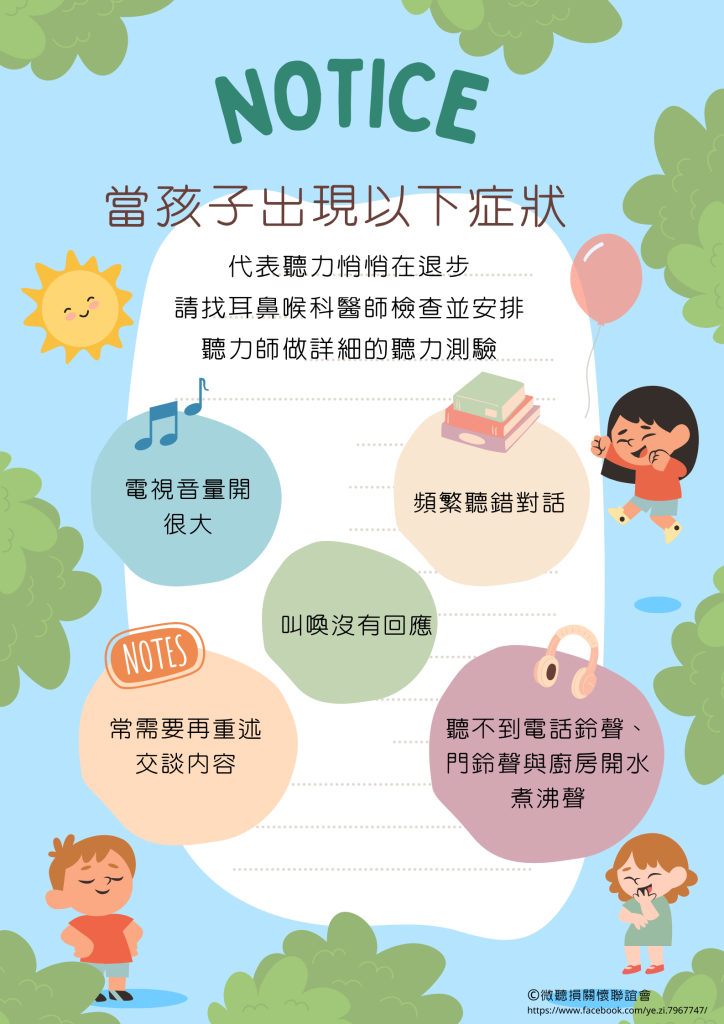 NOTICE
當孩子出現以下症狀
代表聽力悄悄在退步；請找耳鼻喉科醫師檢查並安排聽力師做詳細的聽力測驗。
電視音量開很大
頻繁聽錯對話
叫喚沒有回應
NOTES
常需要再重述交談内容
聽不到電話鈴聲、門鈴聲與厨房開水煮沸聲